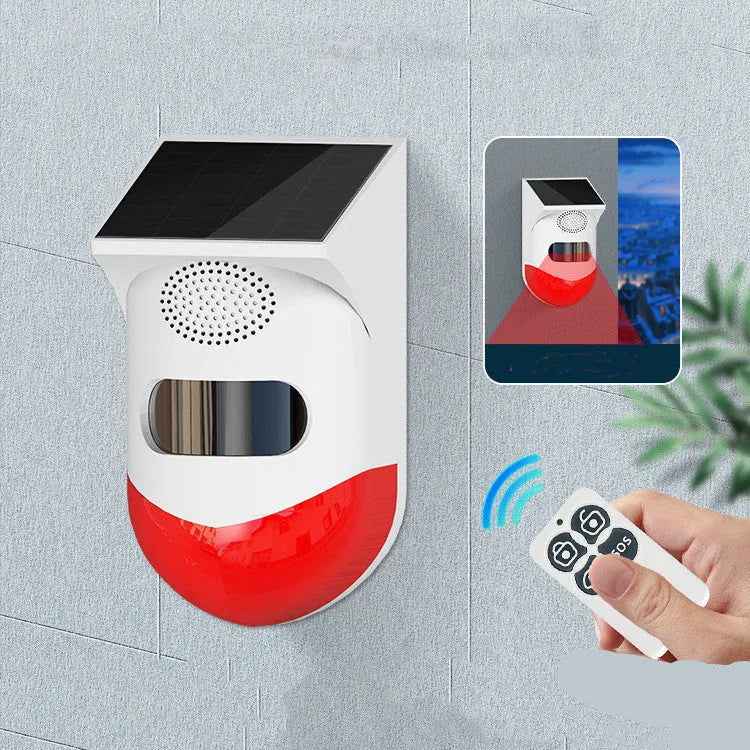 Solar-powered infrared motion detector alarm with wireless remote for outdoor security