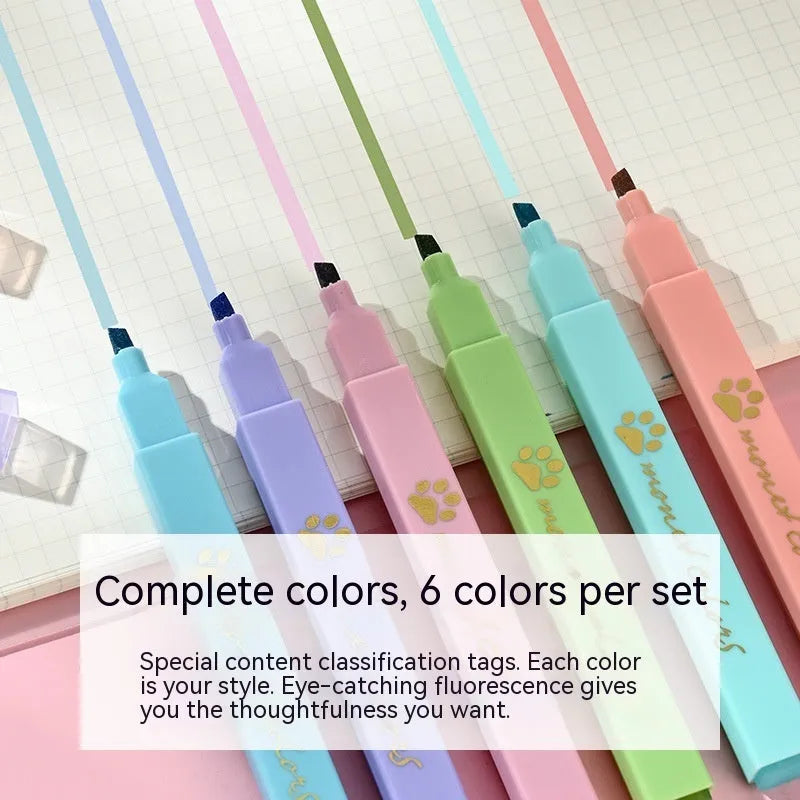 Cat's Paw themed box containing six fluorescent marking pens with oblique nibs in assorted colours