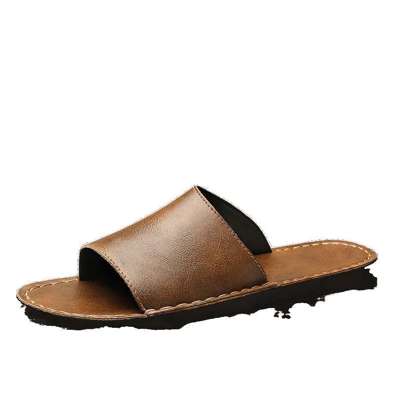 Men's brown leather casual sandals with a rubber sole on a white background.