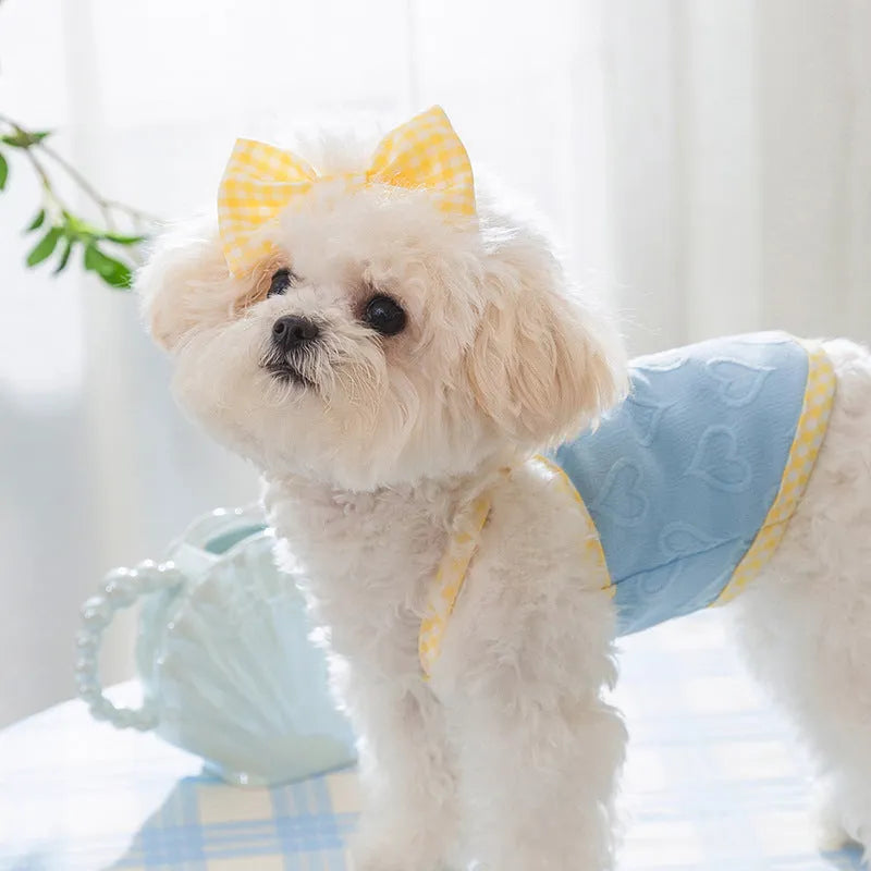 Small dog vest with heart texture and bow suspenders in blue, pink, or yellow with elastic sides