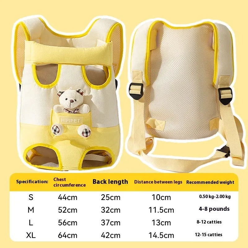 Cartoon cute chest bag pet carrier with animal pattern, soft canvas construction, and colourful stitching details