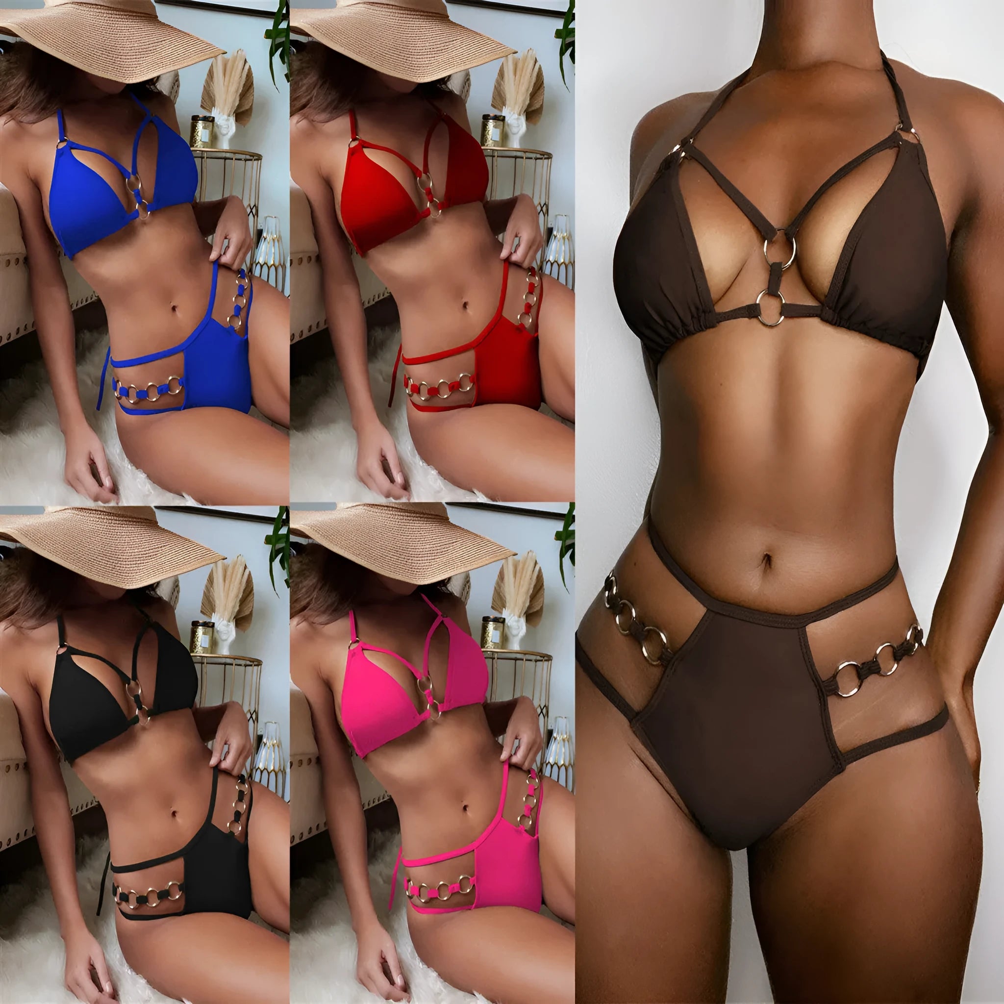 Women's pure colour two-piece nylon bikini swim set in five colour options with separated top and shorts