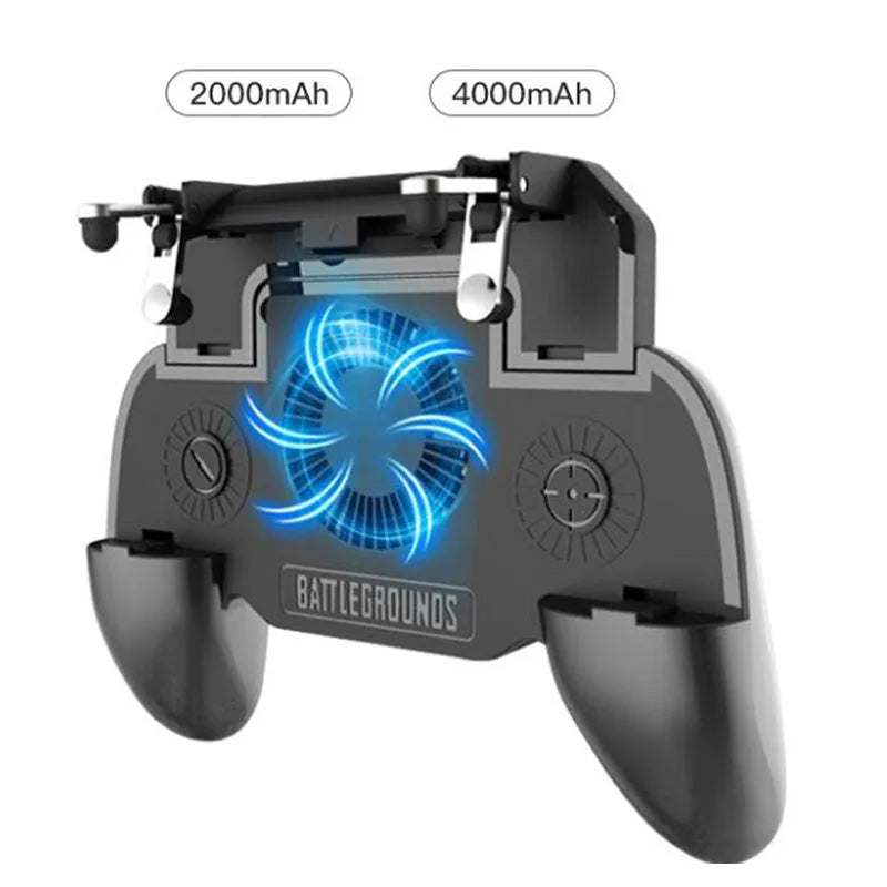 Black USB mobile game controller for smartphones with aluminium alloy accents on a grey background.
