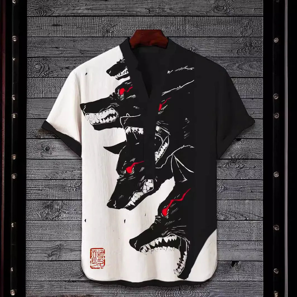 Men's 3D digital animal print short sleeve shirt in polyester fabric showing vibrant design