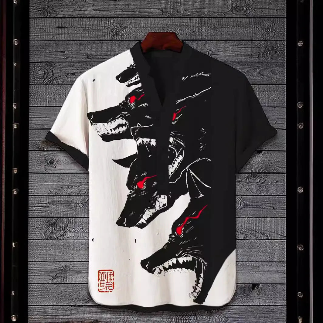 Men's 3D digital animal print short sleeve shirt in polyester fabric showing vibrant design