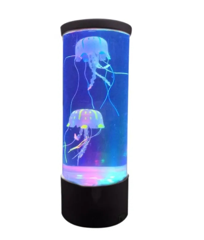 LED jellyfish night light with black plastic base and floating colourful jellyfish inside illuminated chamber