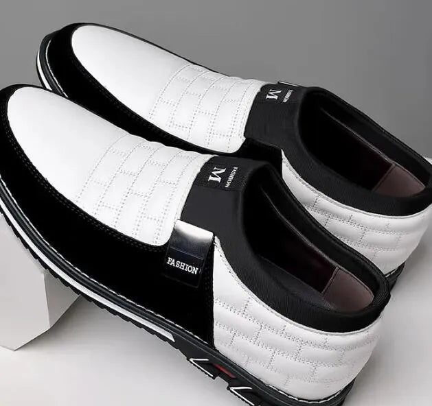 Men's black leather casual low-top shoes shown from the side