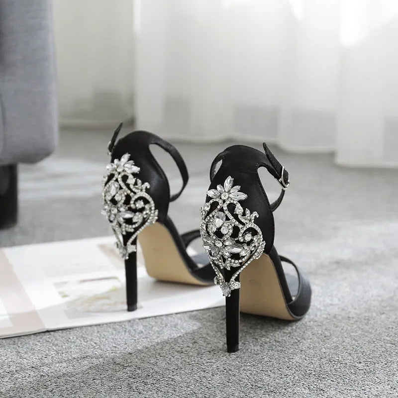Black suede high heel sandals with rhinestone decoration and pointed fish mouth toe