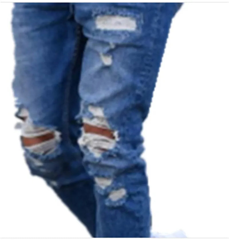 Men's deep blue jeans with knee hole distressed detailing on cotton fabric