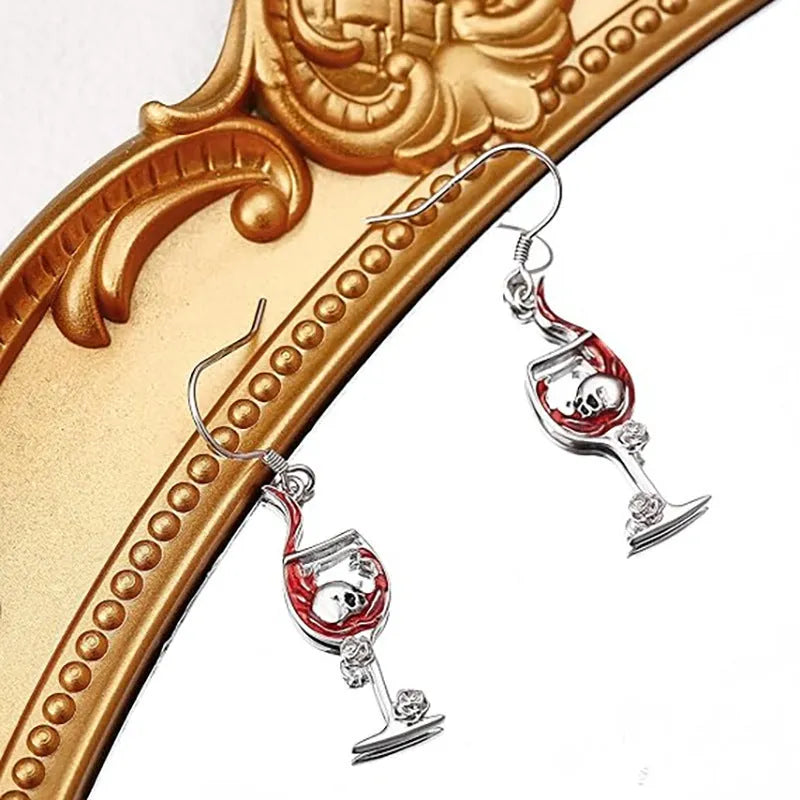 Silver-toned Halloween earrings with geometric skull and wine glass design in electroplated zinc alloy