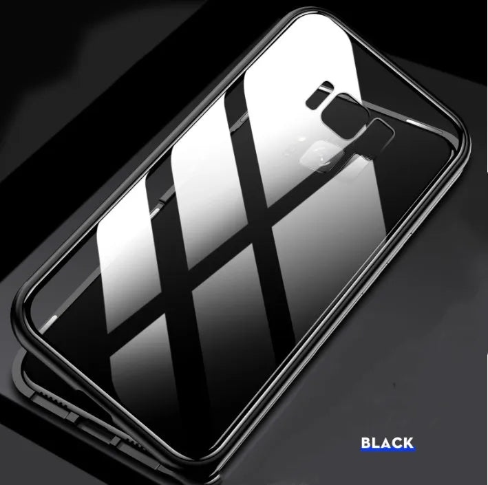 Black anti-peeping magnetic clamshell phone case for Samsung Galaxy smartphones showing closed position