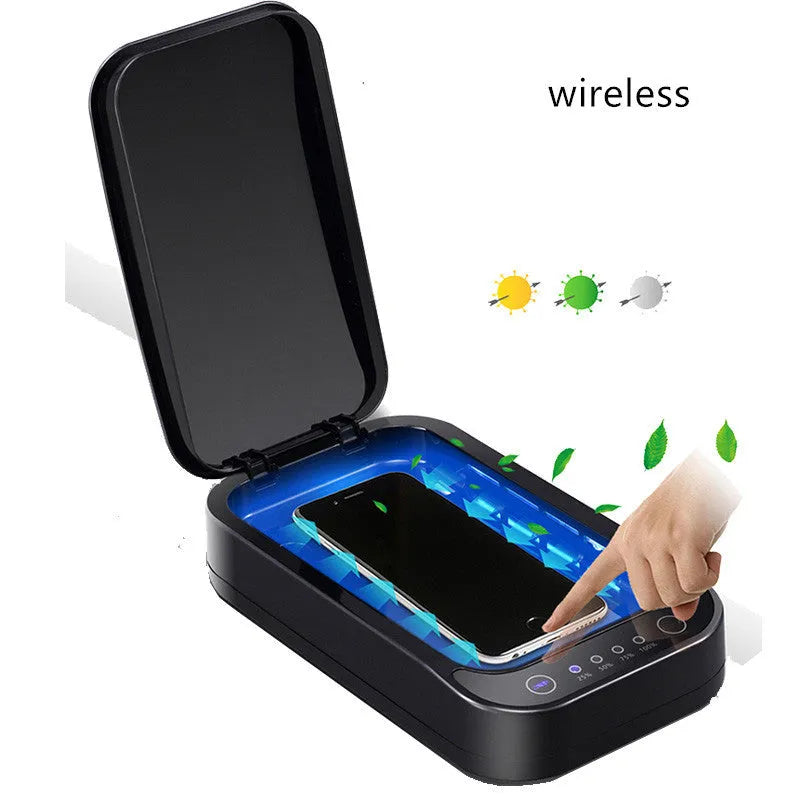 Blue and white ultraviolet disinfection box for mobile phones with wireless charging and aromatherapy functions.