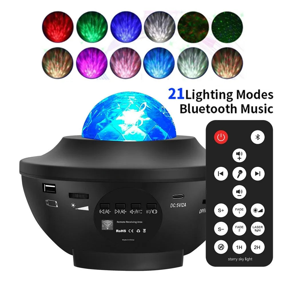 Black parallel style starry sky projection lamp with water ripple laser effects on a desktop.