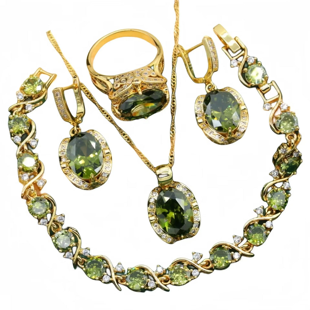 Olive green and red women's jewellery set with zircon stones, snake bone chain necklace, earrings, and ring.