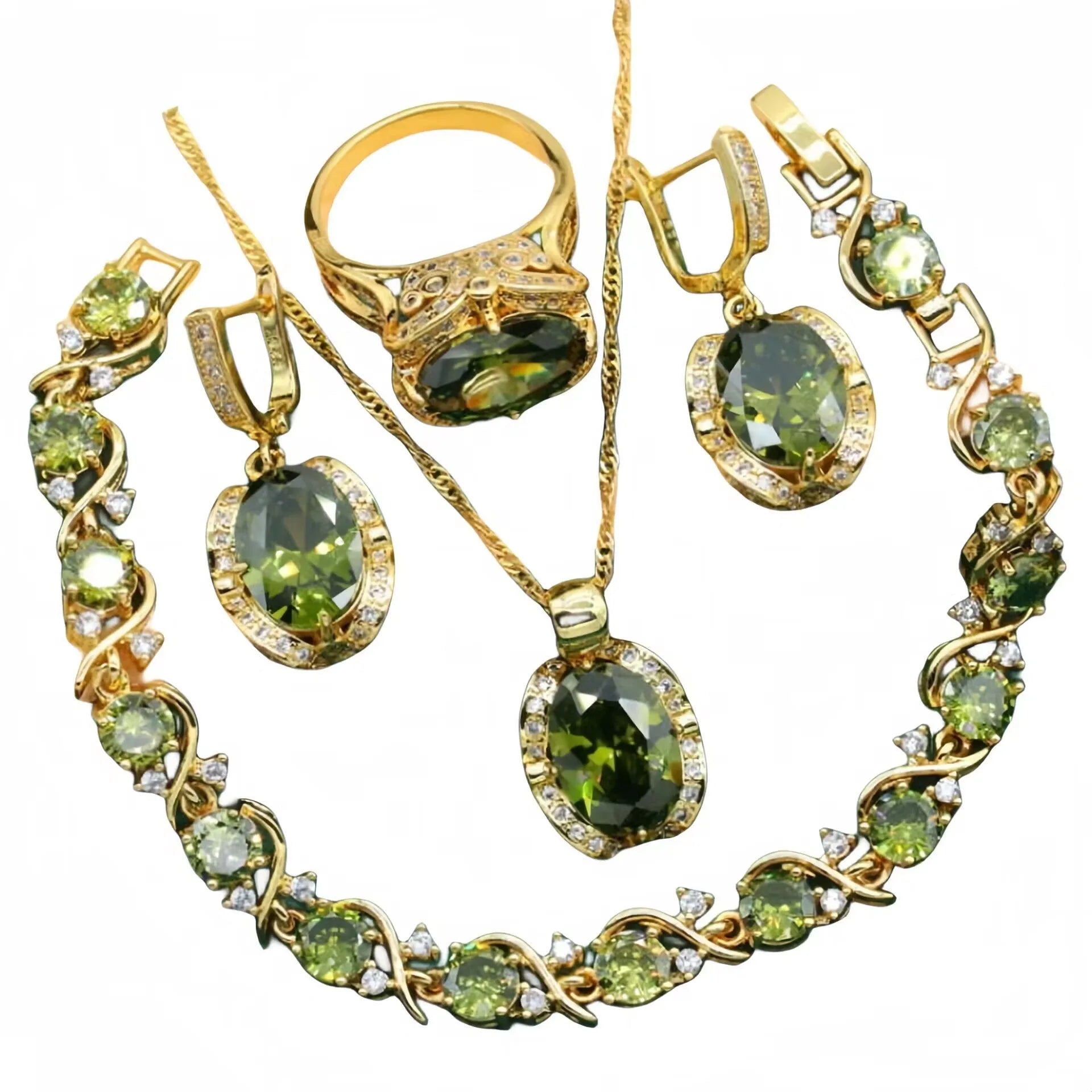 Olive green and red women's jewellery set with zircon stones, snake bone chain necklace, earrings, and ring.