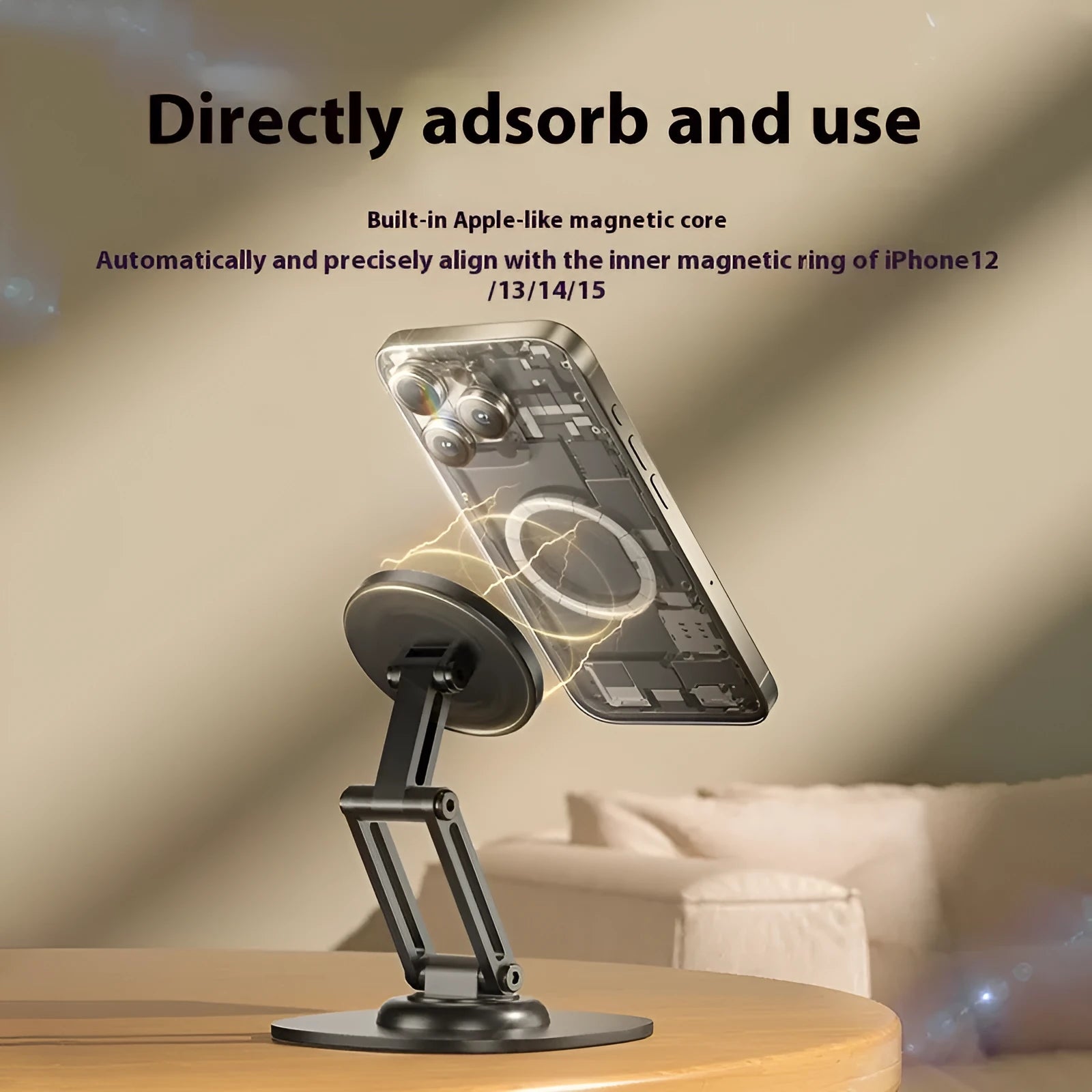 360 rotating foldable phone stand in black ABS material on a desk for live streaming