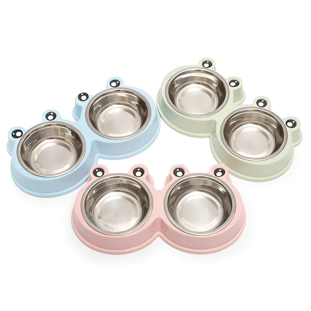Stainless steel double pet bowl set with frog-shaped non-skid base in blue colour
