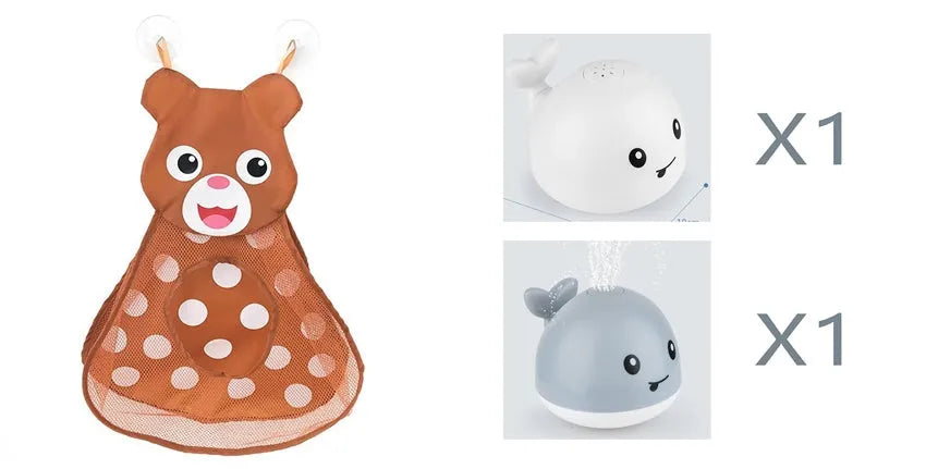 Electric whale-shaped baby bath toy with water spray, LED lights, and automatic water sensor