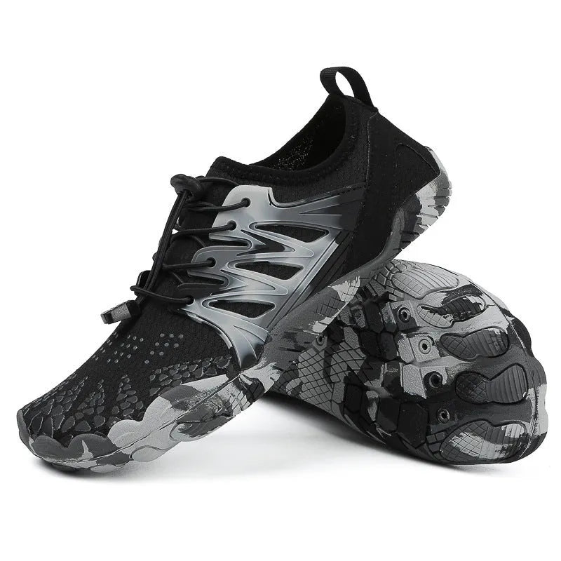 Men's and women's quick-drying mesh beach shoes in various colours with lace-up front and textured rubber sole.
