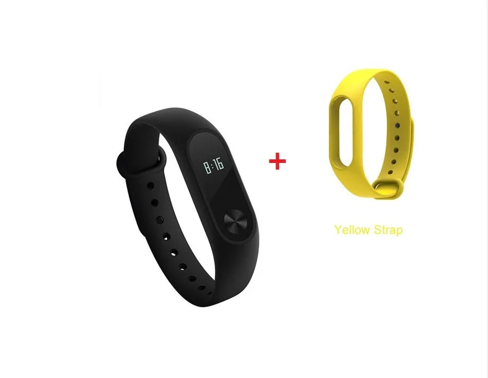 Black Xiaomi Mi Band 2 fitness tracker on wrist showing OLED display with heart rate data.