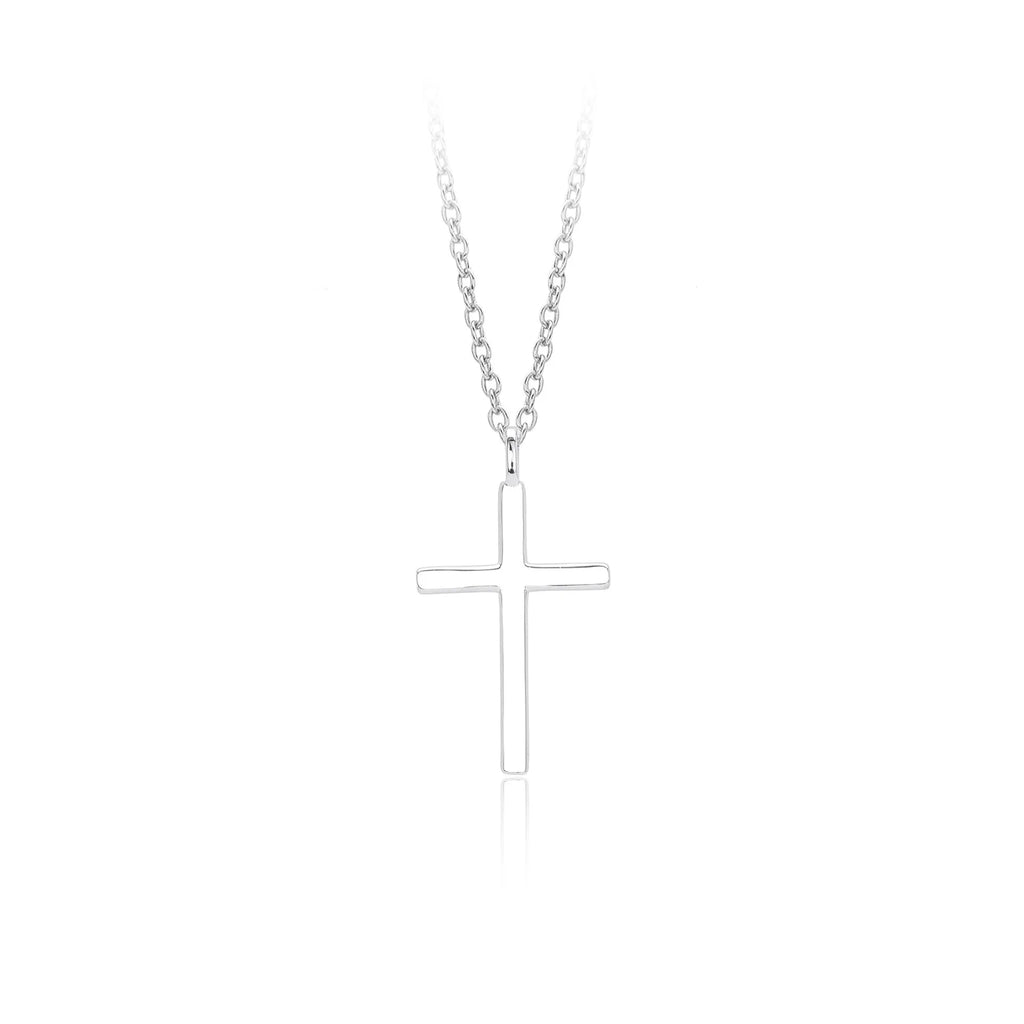 Sterling silver cross pendant necklace on an adjustable O-shaped chain, shown in gold plating.