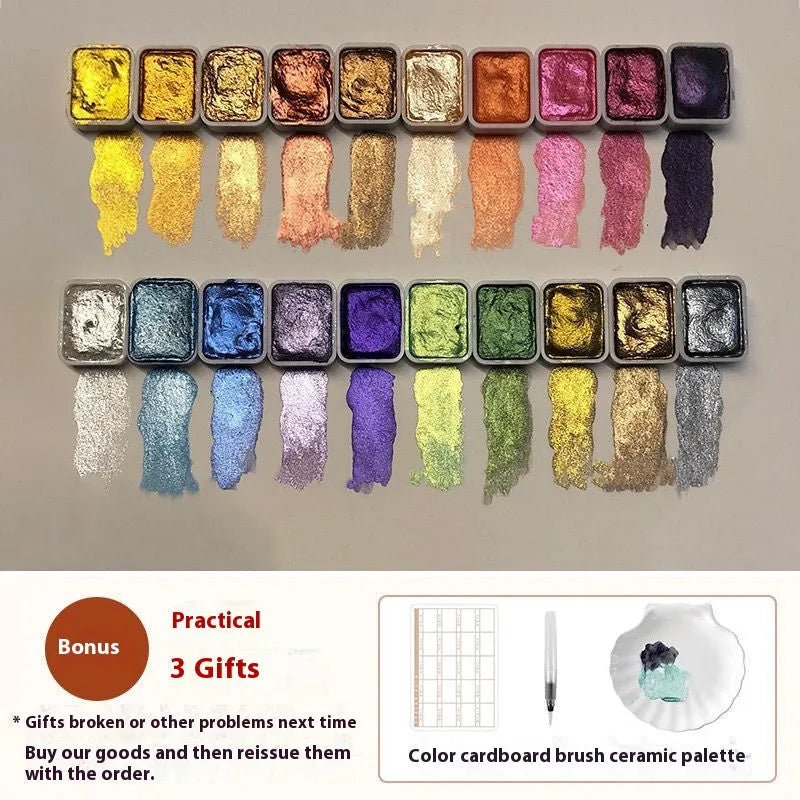 Set of Traditional Chinese painting mineral pearlescent watercolours showing tubes and containers for 20 colours, including gold shades.