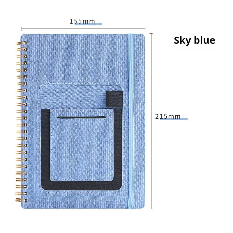 Erasable coil-bound notebook with customisable coloured cover on thick, reusable rock paper, shown with a pen.