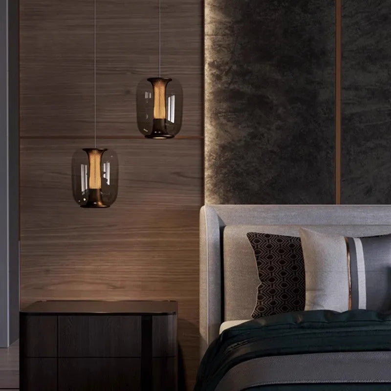 Minimalist Nordic style chandelier ceiling lamp in transparent, cognac, or smoky grey glass, 16cm diameter