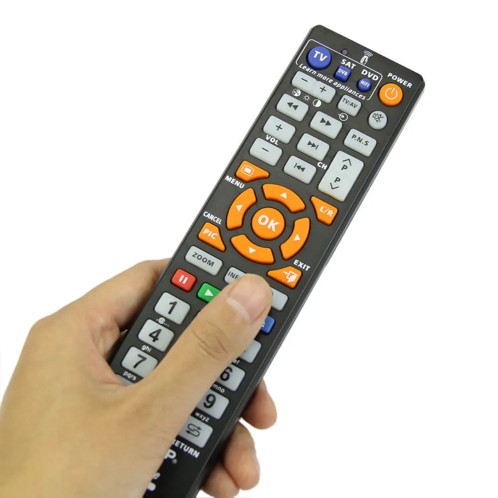 L336 black universal learning remote control with full key layout and 8-metre transmission range