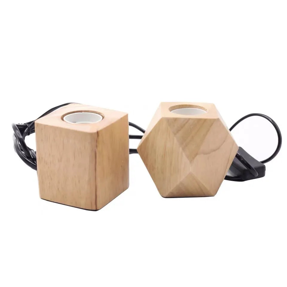 Wooden lamp holder showing square and diamond styles with switch options at 75x80mm dimensions