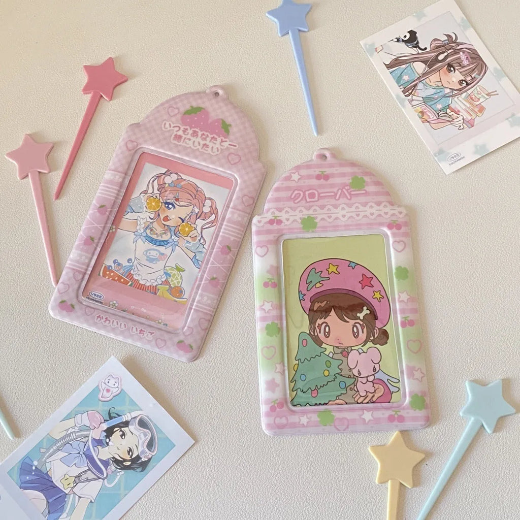 Cartoon plaid strawberry and four-leaf clover PVC student meal card holder with card sleeve