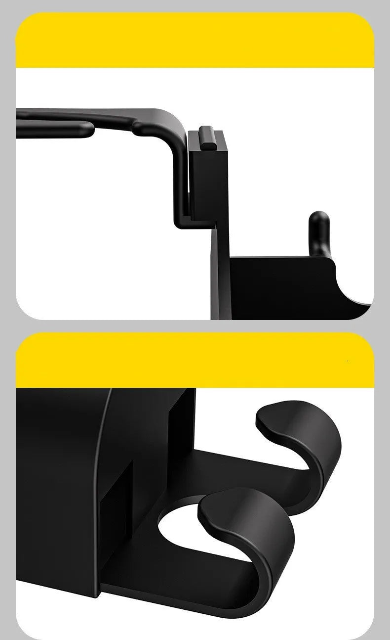 Black plastic car seat back hook with built-in cup holder for vehicle organisation