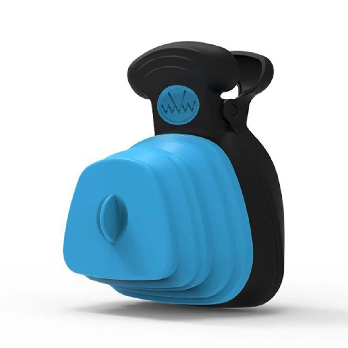 Blue portable dog pooper scooper with clip, bag dispenser, and unfolded waste container.