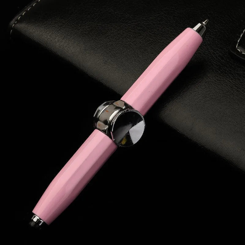 Metal ballpoint pen with integrated fingertip spinner and LED lights, shown in hand