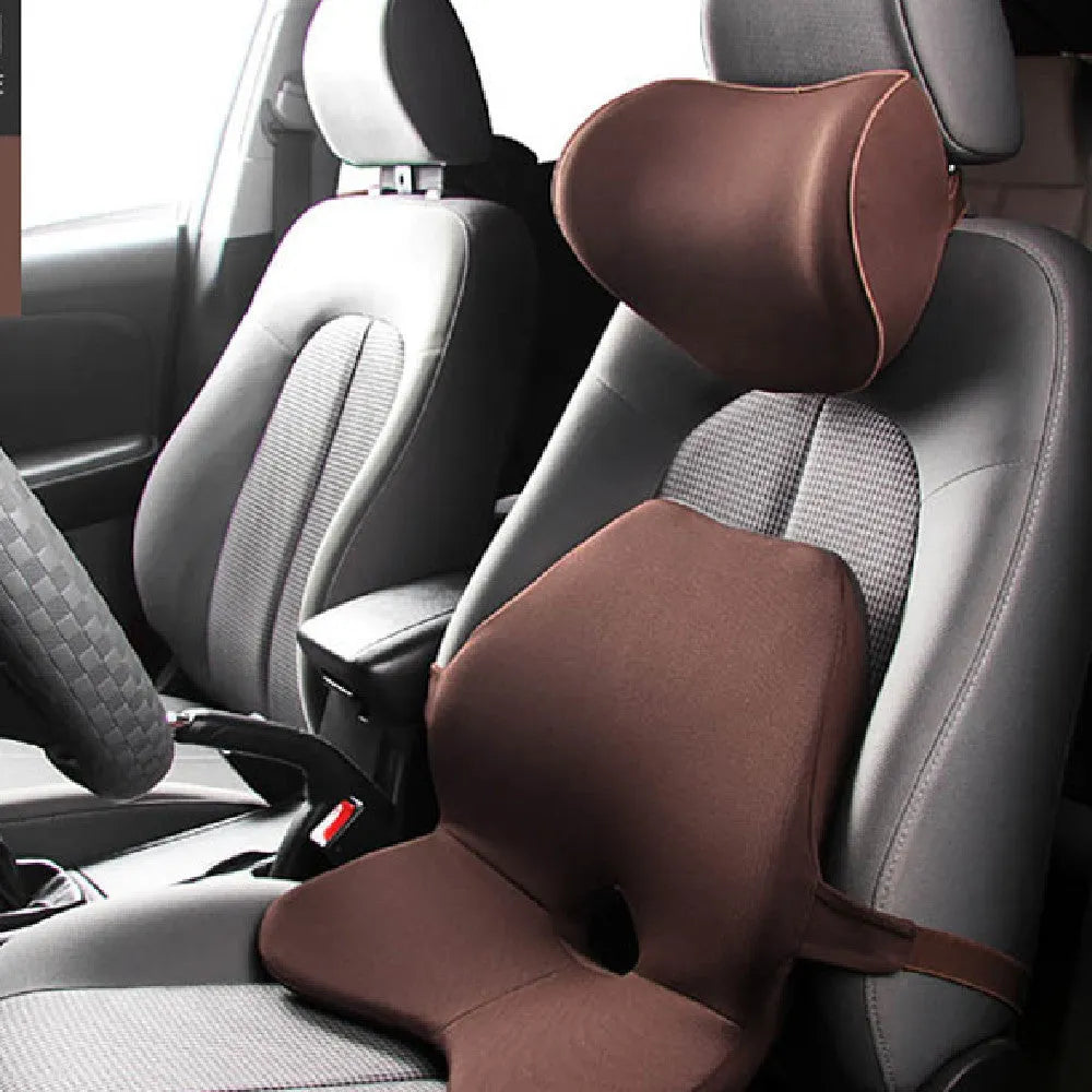 Memory foam car seat cushion set showing waist pad and headrest in neutral colours