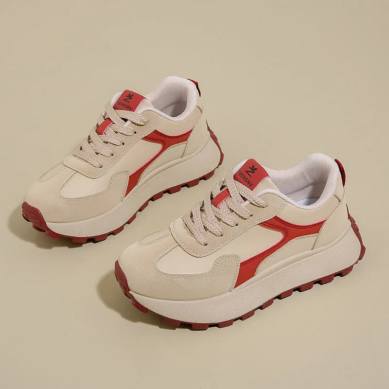 Women's low-top platform sports shoes in card black, khaki red, or white grey with flat heel and lace-up front.