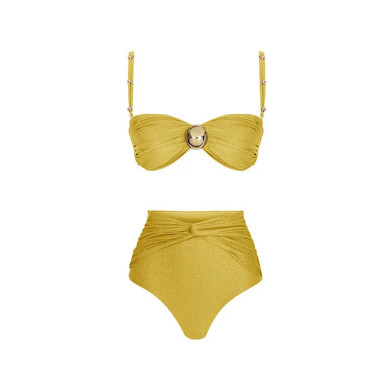 Yellow and green women's high waist split swimsuit bikini set with skirt on mannequin