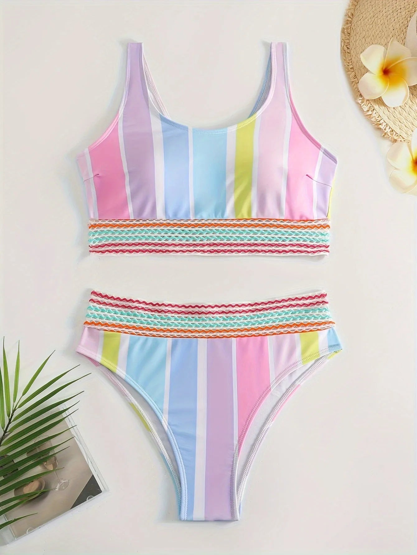 Women's striped sport bikini set with briefs style bottoms and coordinating top