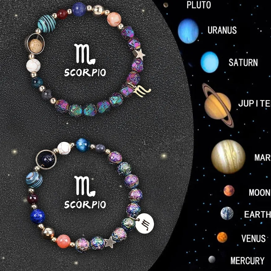 Two natural stone beaded bracelets with zodiac sign charms on a white background