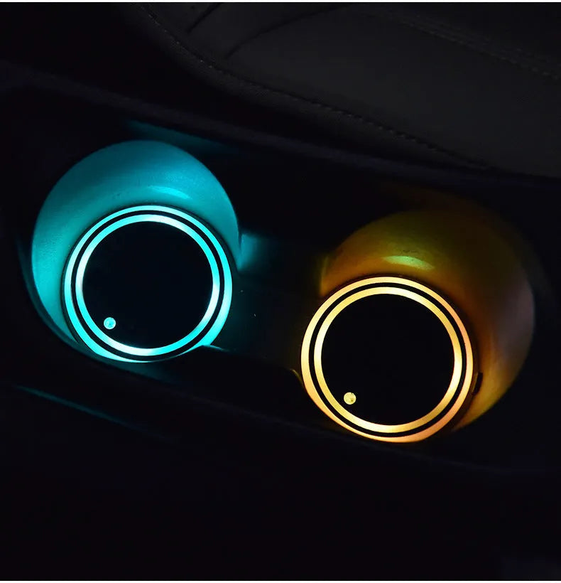 LED light-up car cup holder coaster with multicolour illumination in vehicle