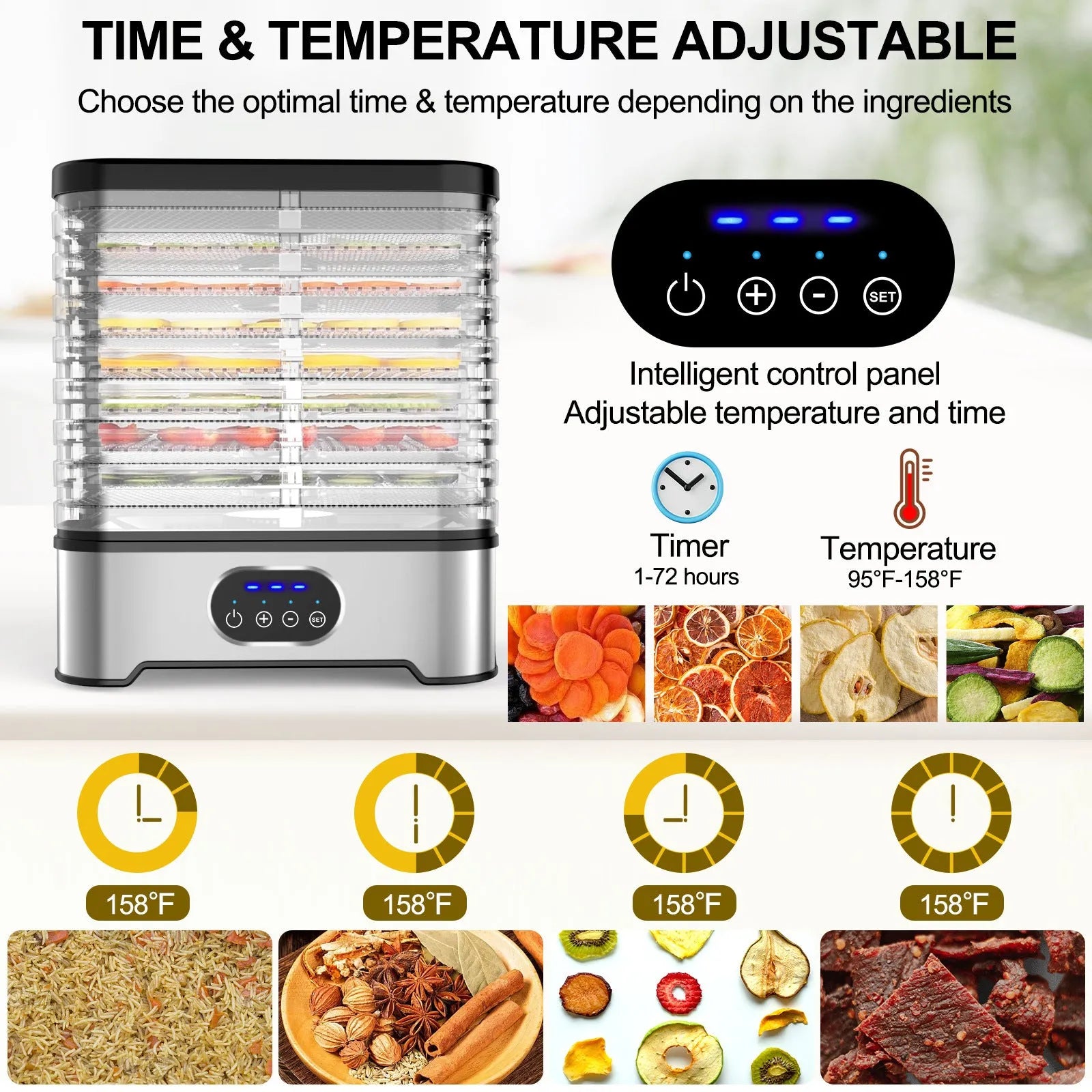 Eight-layer food dehydrator appliance in silver or red finish with collapsible design for compact storage