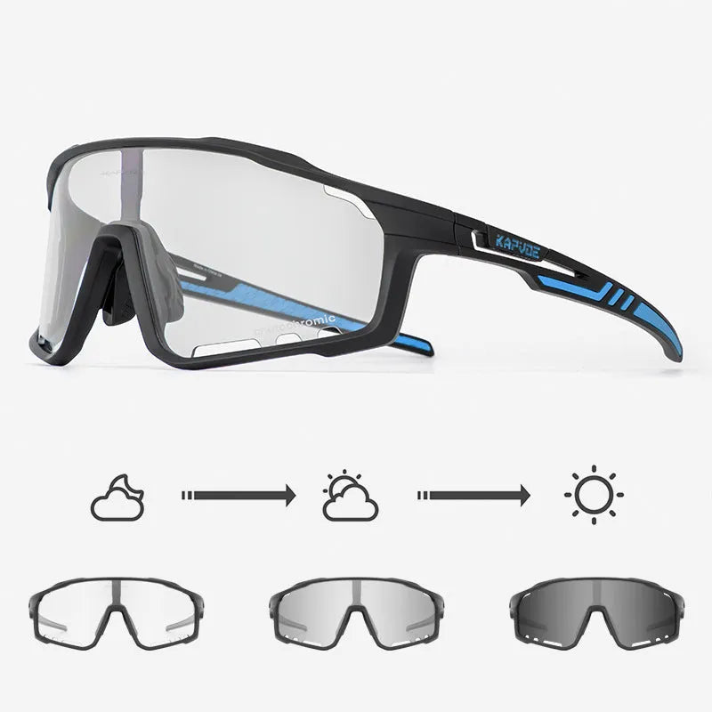 Semi-rimless photochromic cycling glasses with a TR90 frame, shown in a sport setting.