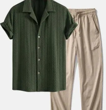 Men's camouflage print casual suit set with short-sleeve lapel shirt and trousers on a hanger.