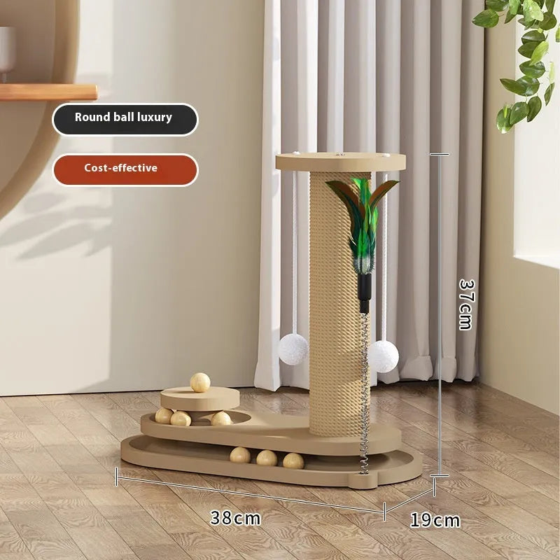 Solid wood cat scratching post with a central turntable, shown in a basic large flower style.