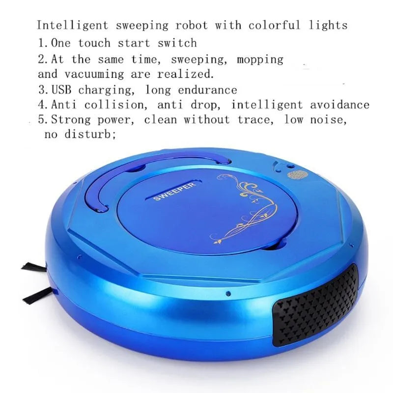 Blue smart vacuum cleaner robot on a tiled floor with charging cable and brush accessories.