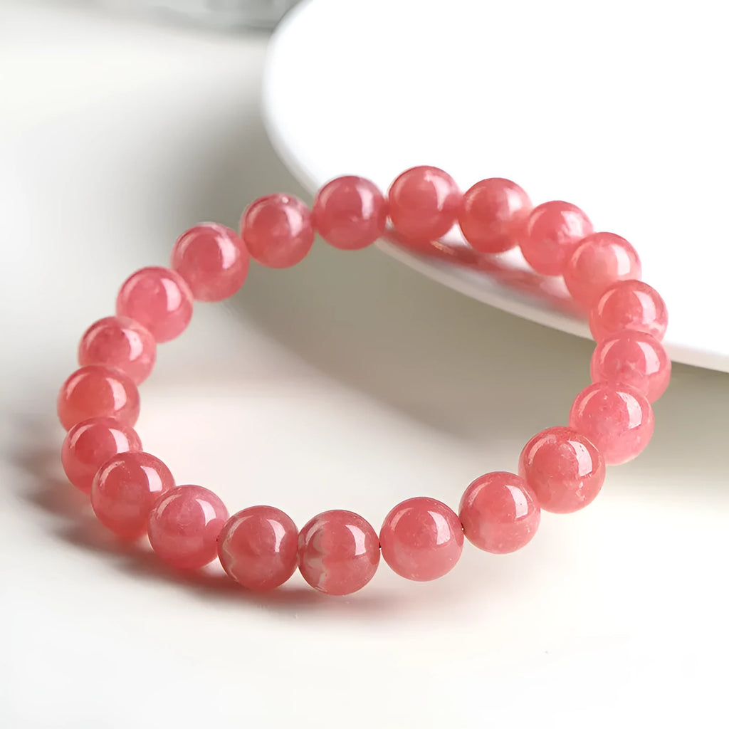 Geometric crystal bracelet with longevity lock in natural red rhodochrosite stone colours