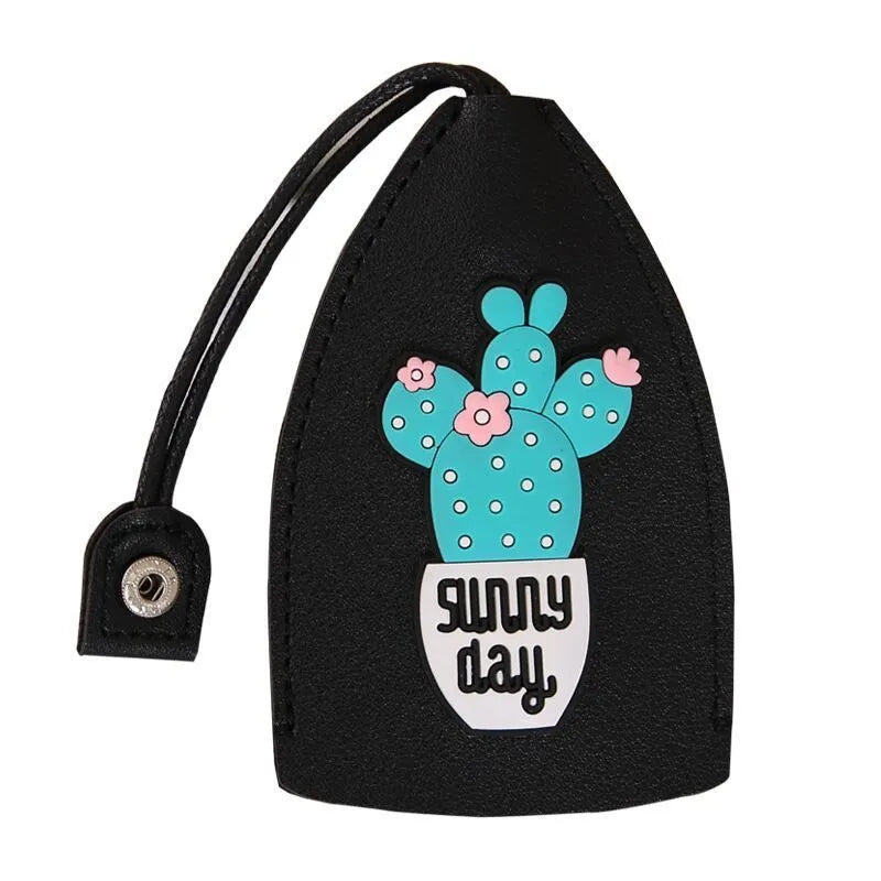 Cartoon design pull-out car key case made from soft PU leather, showing approximate size.