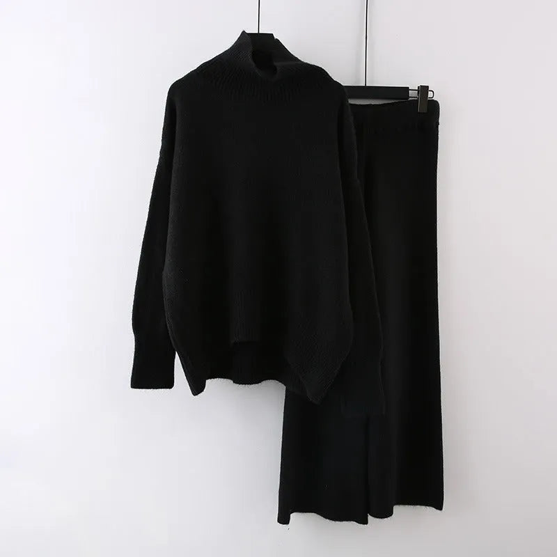 Women's casual two-piece set featuring a long sleeve sweater and wide leg trousers in a solid colour.