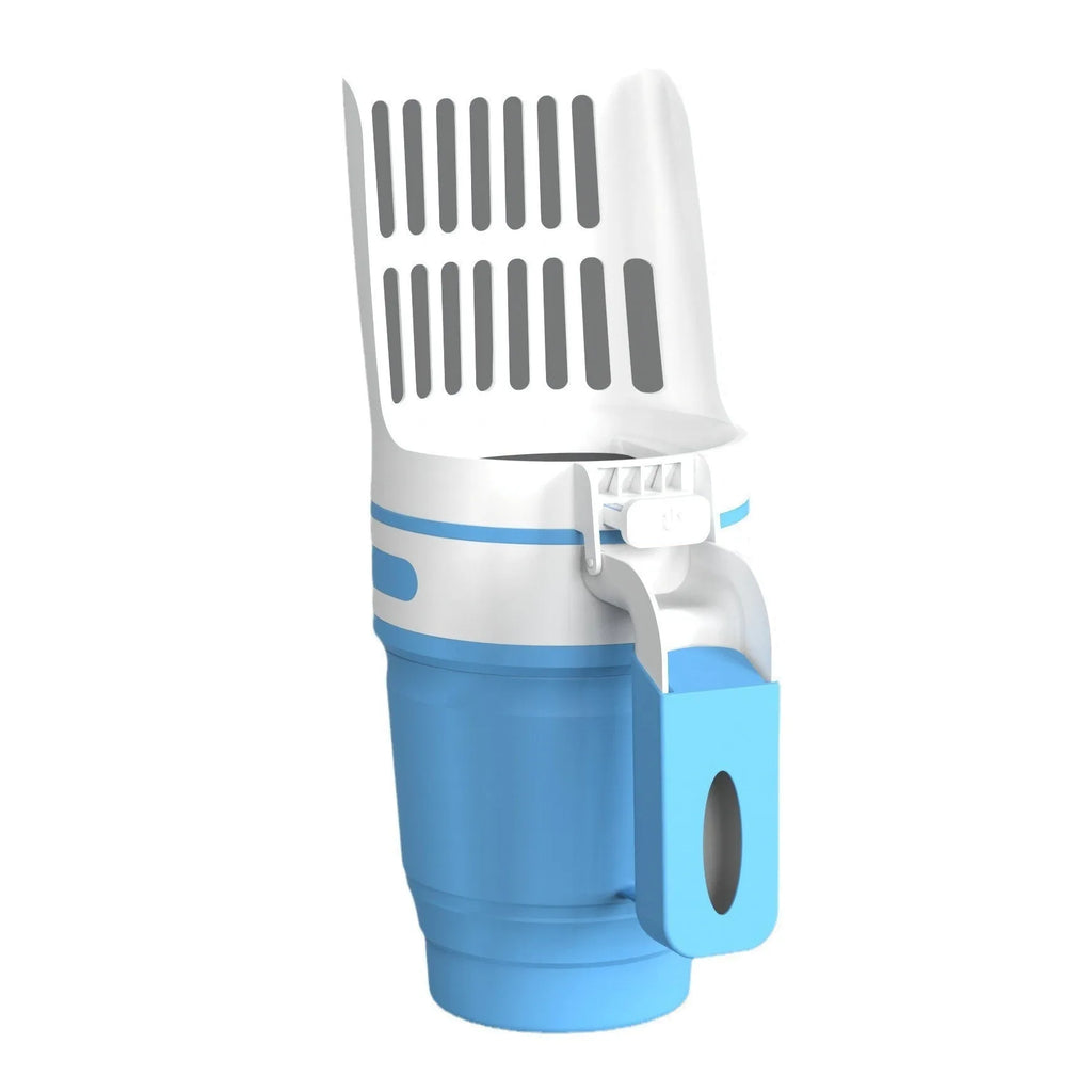 Grey cat litter scoop with waste collection bin showing foldable bottom design
