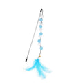 Grey, yellow and blue cat teaser rod with feathers, bell and acrylic pompons
